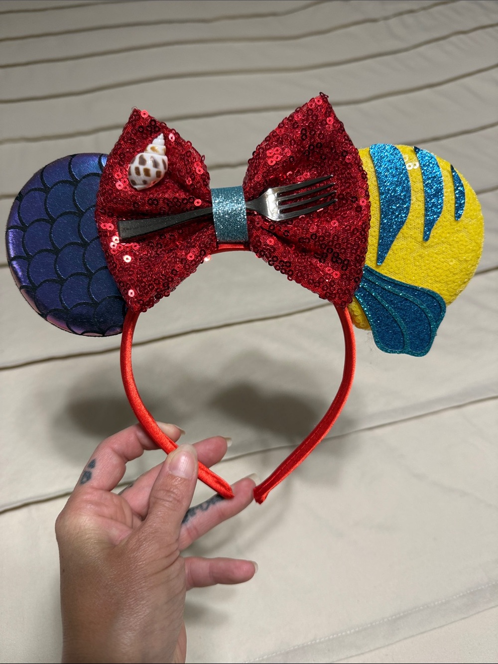 Disney Red Sequin Bow Mermaid Ears Headband with Blue and Yellow Accents